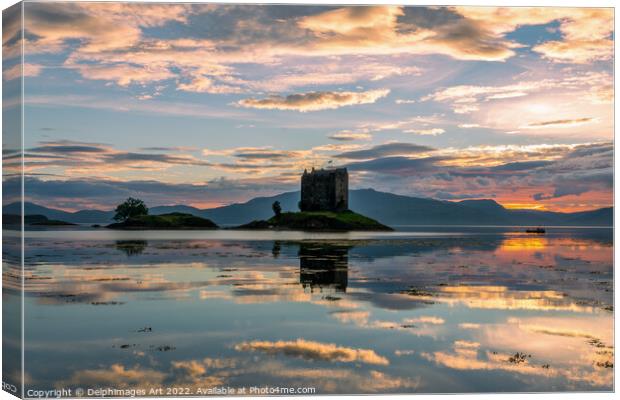 Castle Stalker with water reflections at sunset Canvas Print by Delphimages Art