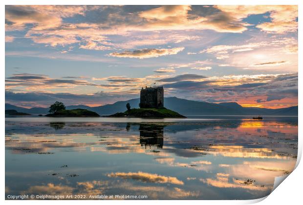 Castle Stalker with water reflections at sunset Print by Delphimages Art