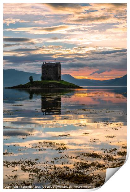Castle Stalker on Loch Laich at sunset Print by Delphimages Art
