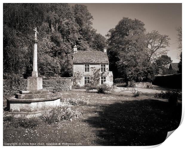 Cotswolds cottage and war memorial Print by Chris Rose
