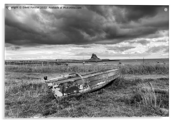 Old Fishing Boat and Lindisfarne Castle, Northumberland, UK Acrylic by David Forster