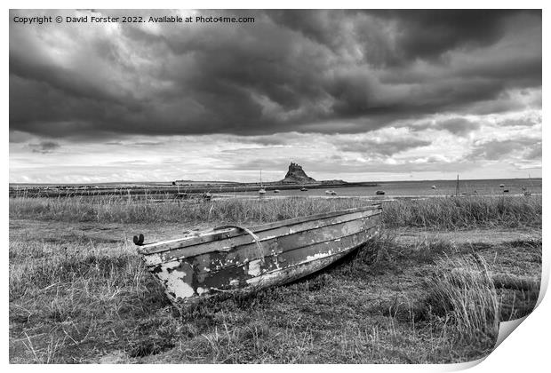 Old Fishing Boat and Lindisfarne Castle, Northumberland, UK Print by David Forster