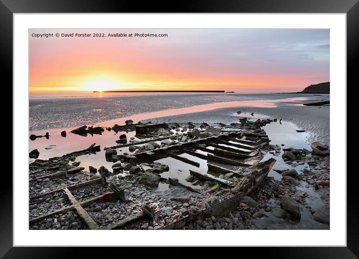 Sunset and Shipwreck on Beach at Boulogne-sur-Mer, France Framed Mounted Print by David Forster