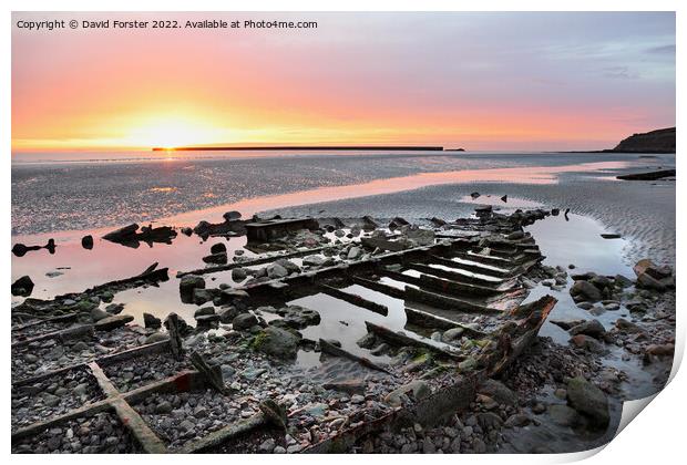 Sunset and Shipwreck on Beach at Boulogne-sur-Mer, France Print by David Forster