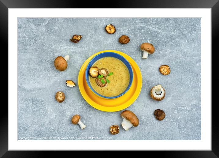 Champignon cream soup, top view Framed Mounted Print by Mykola Lunov Mykola