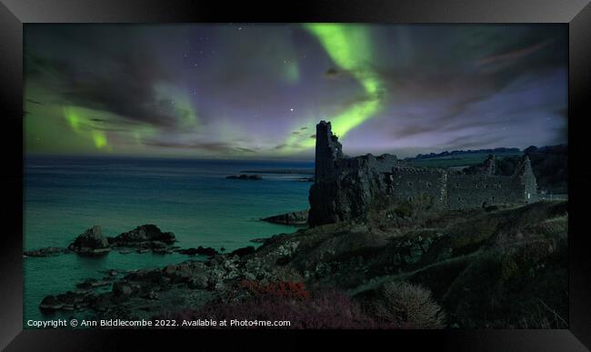 Northern lights over Dunure Castle Framed Print by Ann Biddlecombe