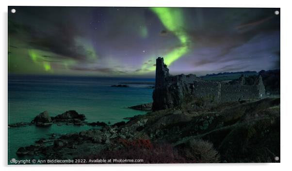 Northern lights over Dunure Castle Acrylic by Ann Biddlecombe