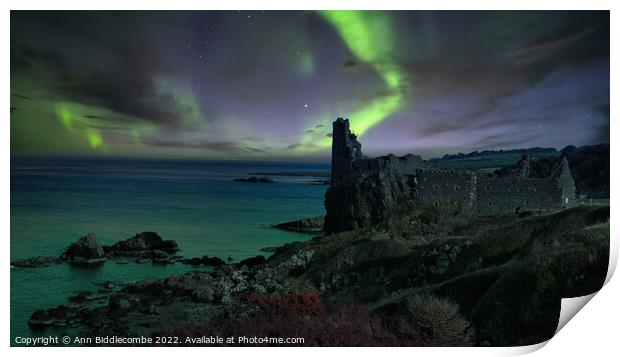 Northern lights over Dunure Castle Print by Ann Biddlecombe