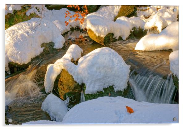 Winter stream at Padley Gorge. Acrylic by David Birchall