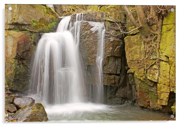 Waterfall at Lumsdale, Derbyshire. Acrylic by David Birchall