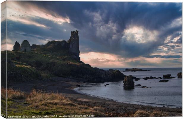 Dunure Castle on the coast of Scotland Canvas Print by Ann Biddlecombe