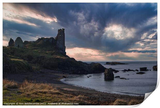 Dunure Castle on the coast of Scotland Print by Ann Biddlecombe