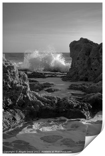 Wave Crushing Rocks in Gale Beach Print by Angelo DeVal