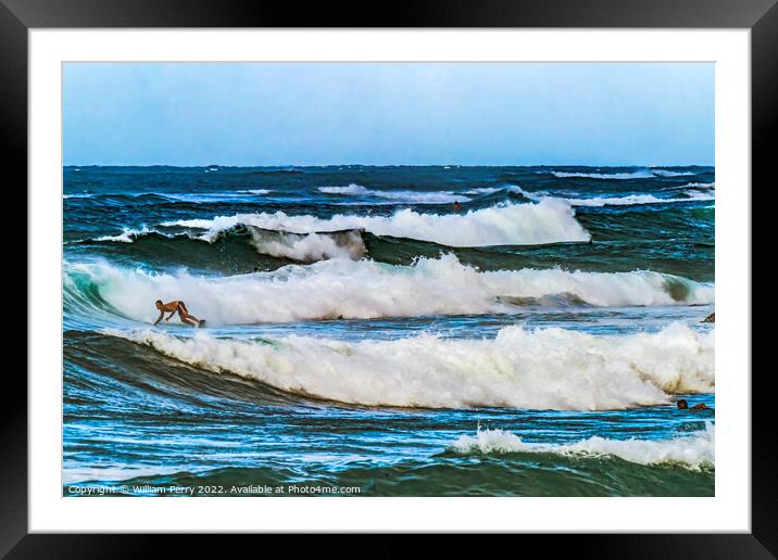 Colorful Surfers Pipeline Waves North Shore Oahu Hawaii Framed Mounted Print by William Perry