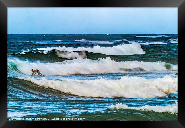 Colorful Surfers Pipeline Waves North Shore Oahu Hawaii Framed Print by William Perry