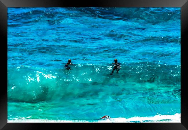Colorful Swimmers Waves Makapuu Beach Honolulu Oahu Hawaii Framed Print by William Perry