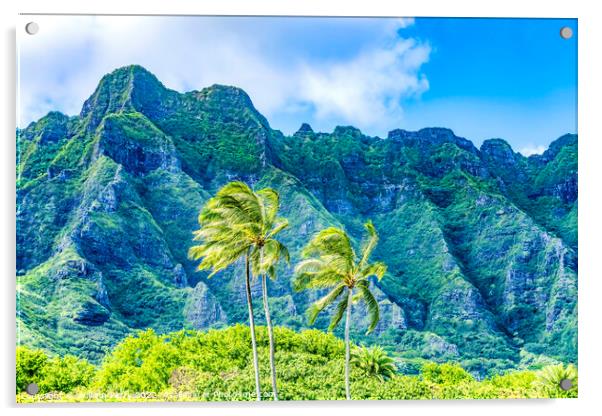 Palm Trees Green Mountain Kualoa Regional Park Oahu Hawaii Acrylic by William Perry