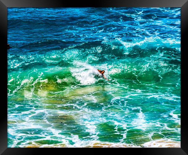 Colorful Body Surfer Waves Makapuu Beach Honolulu Oahu Hawaii Framed Print by William Perry