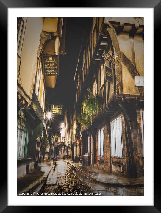 Side Street Around 'The Shambles' In York At Night Framed Mounted Print by Peter Greenway