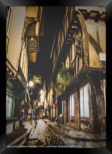 Side Street Around 'The Shambles' In York At Night Framed Print by Peter Greenway