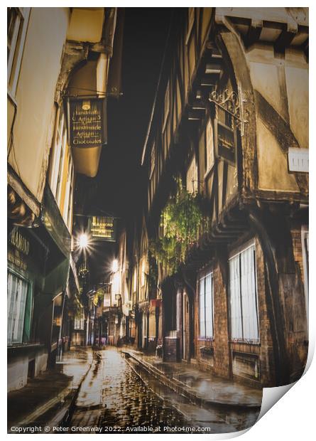 Side Street Around 'The Shambles' In York At Night Print by Peter Greenway