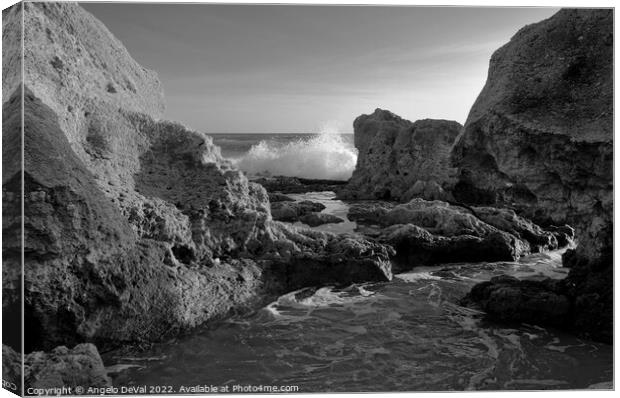 Wave Crushing Rocks in Gale Beach - Monochrome Canvas Print by Angelo DeVal