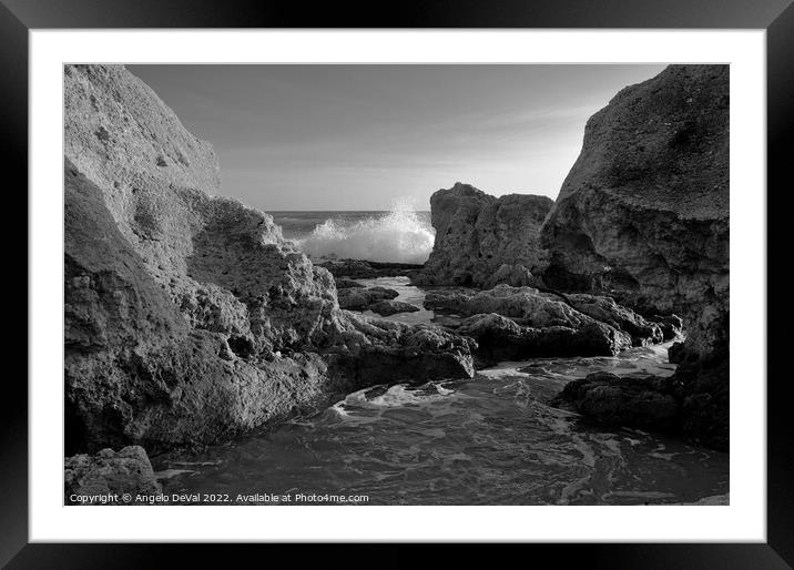 Wave Crushing Rocks in Gale Beach - Monochrome Framed Mounted Print by Angelo DeVal