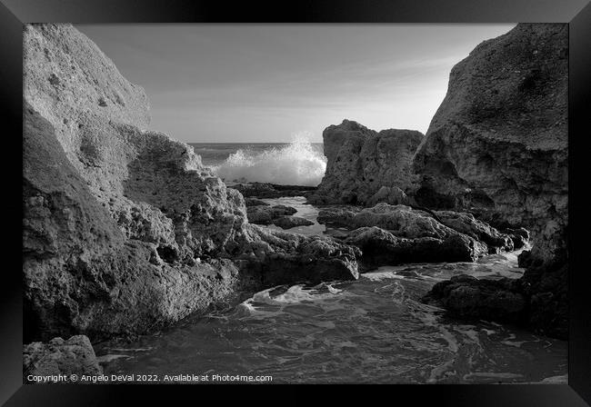 Wave Crushing Rocks in Gale Beach - Monochrome Framed Print by Angelo DeVal