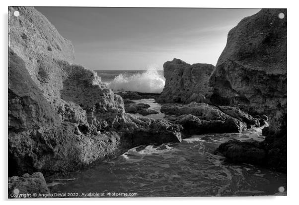 Wave Crushing Rocks in Gale Beach - Monochrome Acrylic by Angelo DeVal