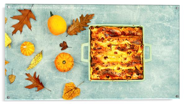 Autumn pumpkin pie, homemade tart. Acrylic by Mykola Lunov Mykola