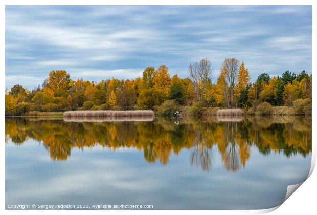 Lake between fields and forests. Late fall. Europe. Print by Sergey Fedoskin