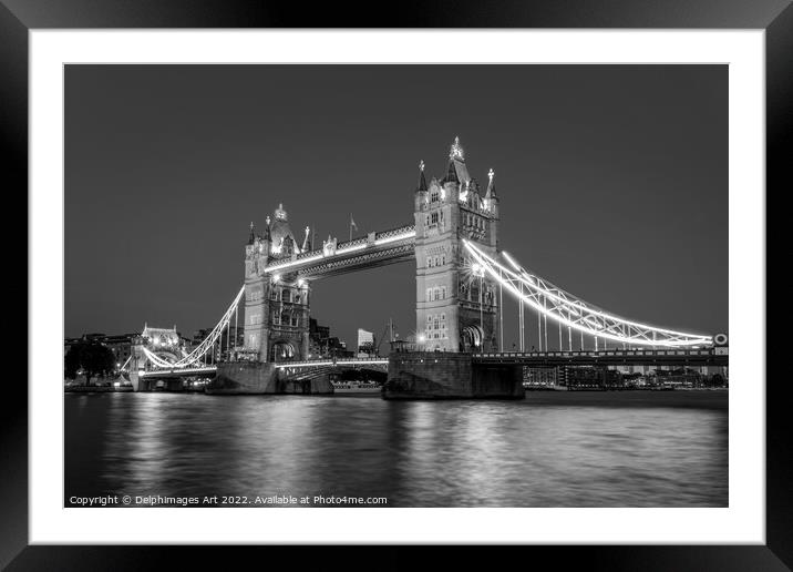 London Tower bridge at night, black and white Framed Mounted Print by Delphimages Art