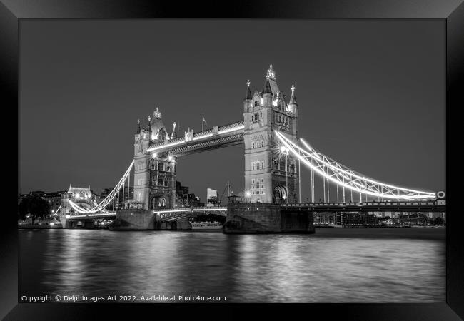 London Tower bridge at night, black and white Framed Print by Delphimages Art