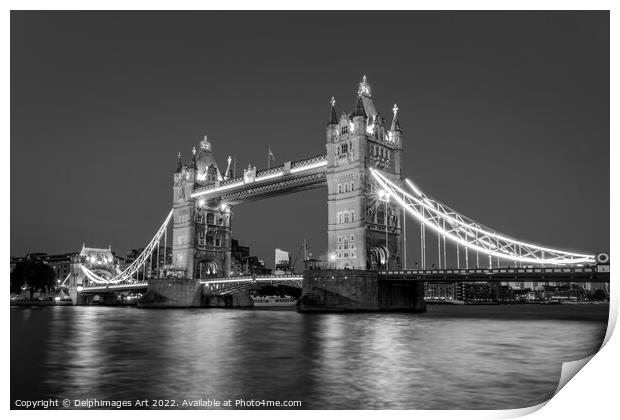 London Tower bridge at night, black and white Print by Delphimages Art