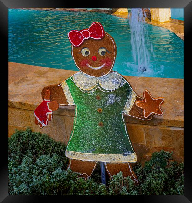 Colorful Gingerbread Girl with Green Dress. Framed Print by Maggie Bajada