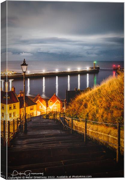 '199 Steps' In Whitby At Night Canvas Print by Peter Greenway