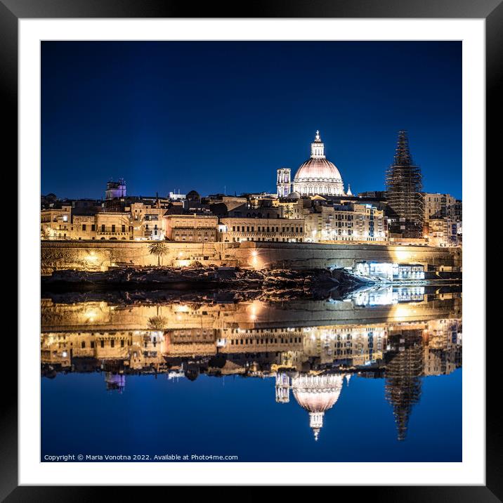Illuminated at night harbor of Valletta old town with reflection Framed Mounted Print by Maria Vonotna