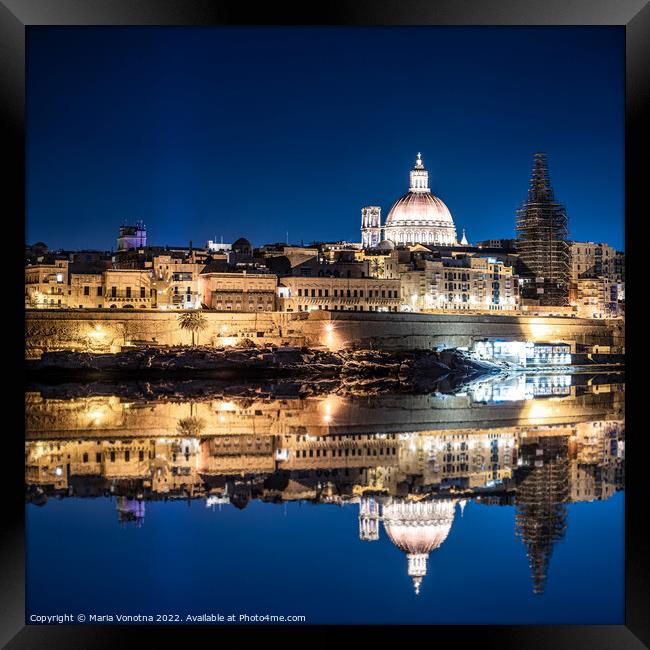 Illuminated at night harbor of Valletta old town with reflection Framed Print by Maria Vonotna