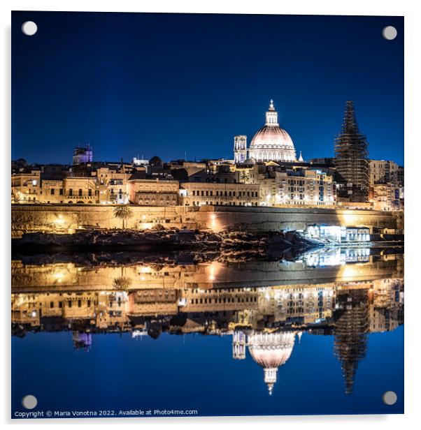 Illuminated at night harbor of Valletta old town with reflection Acrylic by Maria Vonotna