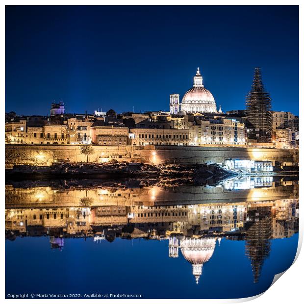 Illuminated at night harbor of Valletta old town with reflection Print by Maria Vonotna