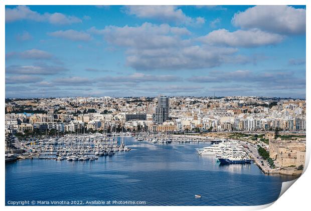 Sliema harbor with modern buildings and sail boats in Malta Print by Maria Vonotna