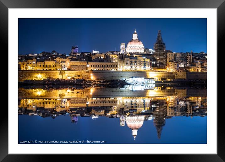 Harbor of Valletta old town at night with reflection Framed Mounted Print by Maria Vonotna