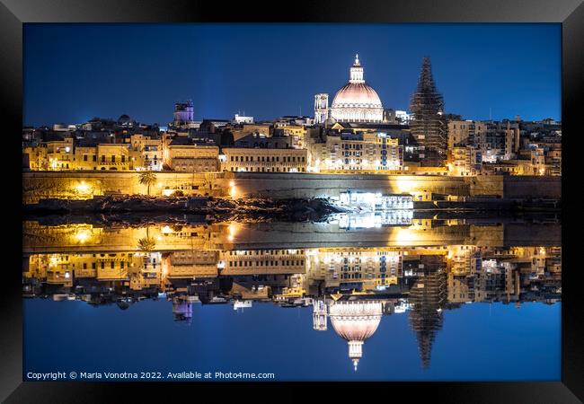 Harbor of Valletta old town at night with reflection Framed Print by Maria Vonotna