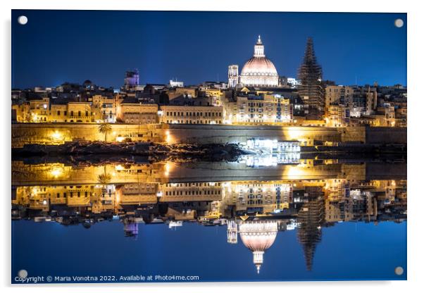 Harbor of Valletta old town at night with reflection Acrylic by Maria Vonotna