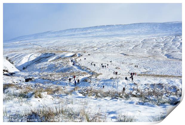 Walking up Pen Y Fan in the snow, Brecon Beacons Print by  Garbauske