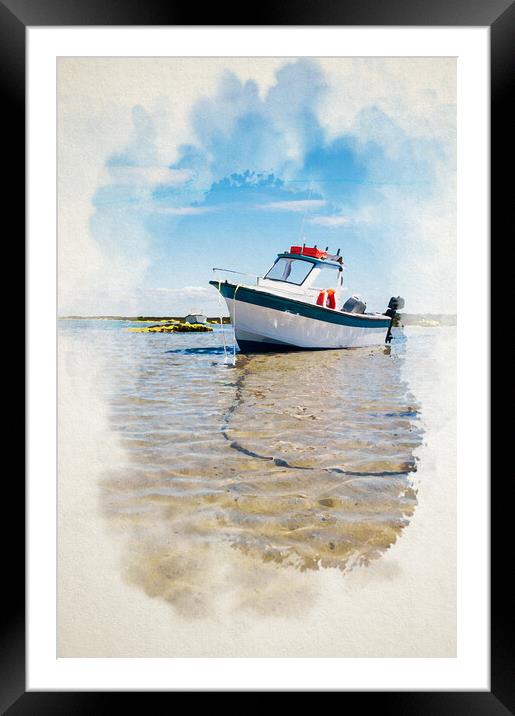 watercoloring of a white boat on sand Framed Mounted Print by youri Mahieu