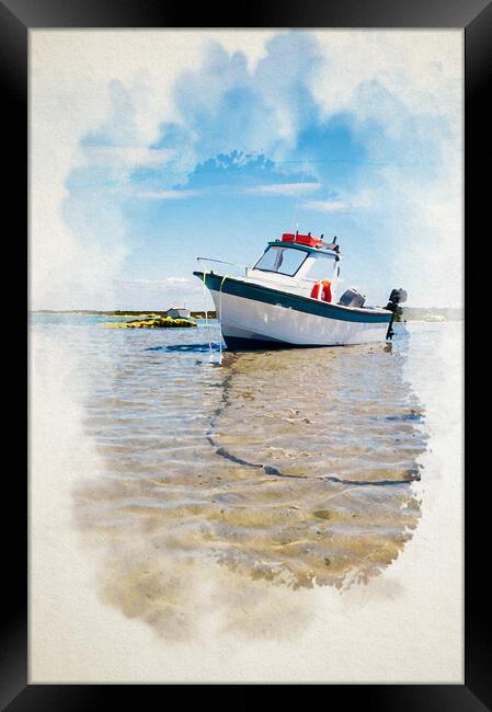 watercoloring of a white boat on sand Framed Print by youri Mahieu