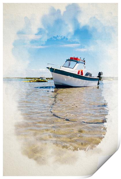 watercoloring of a white boat on sand Print by youri Mahieu