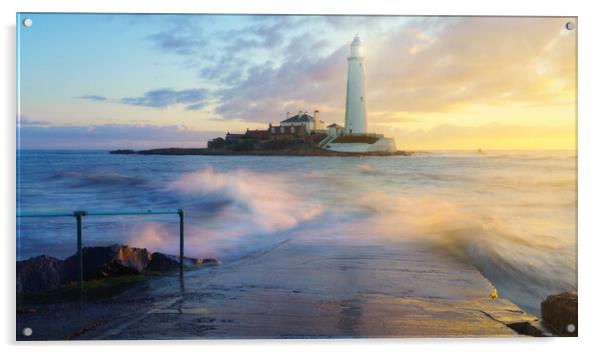 A golden sunrise at St Marys Lighthouse  Acrylic by Anthony McGeever
