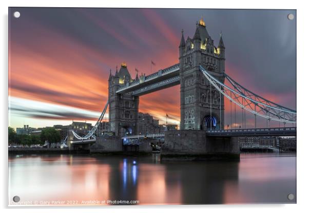Tower bridge at sunrise.   Acrylic by Gary Parker